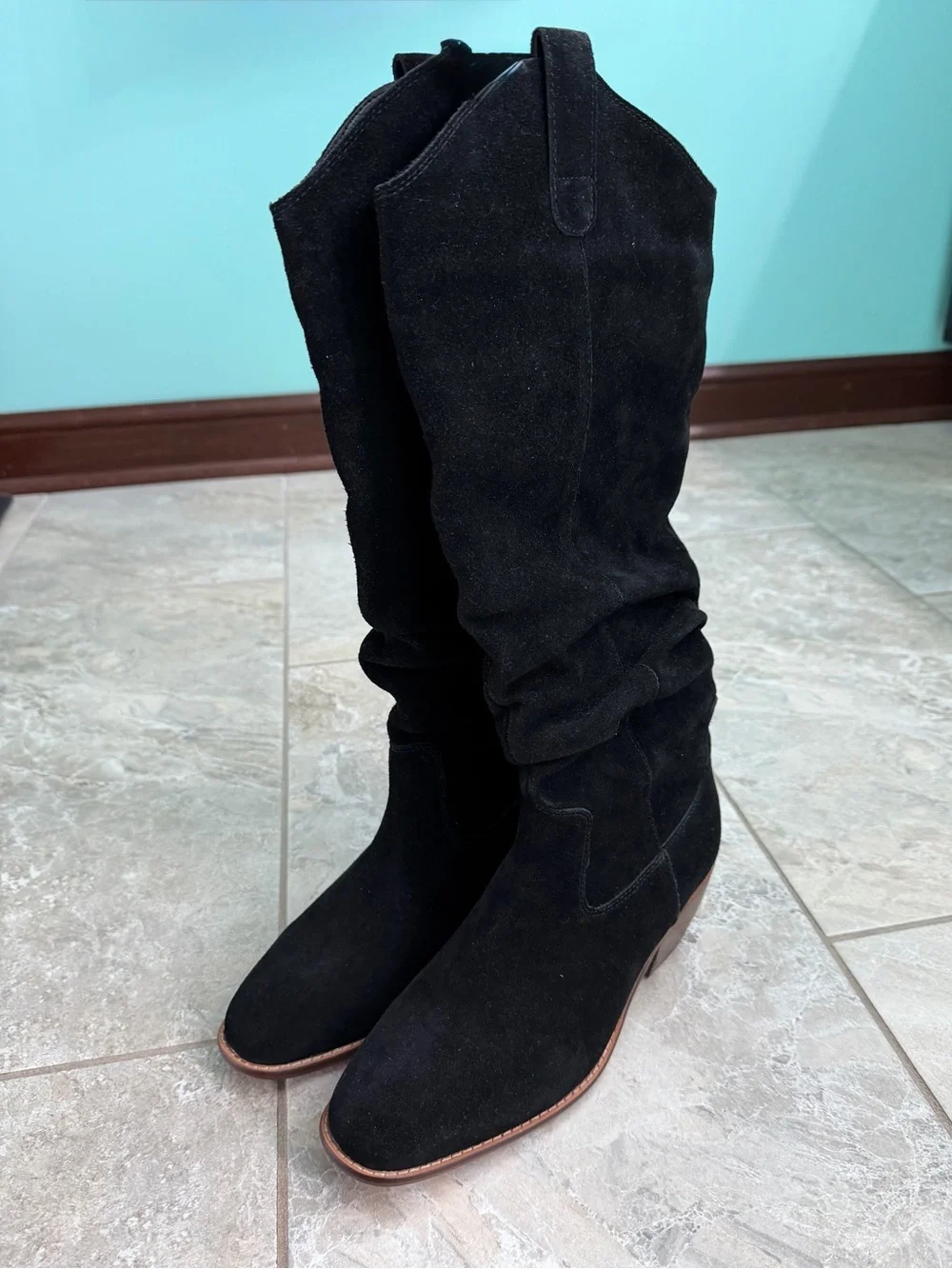 Mia Lue Knee High Black Cow Suede Leather Boots - Women's Stylish Slouch